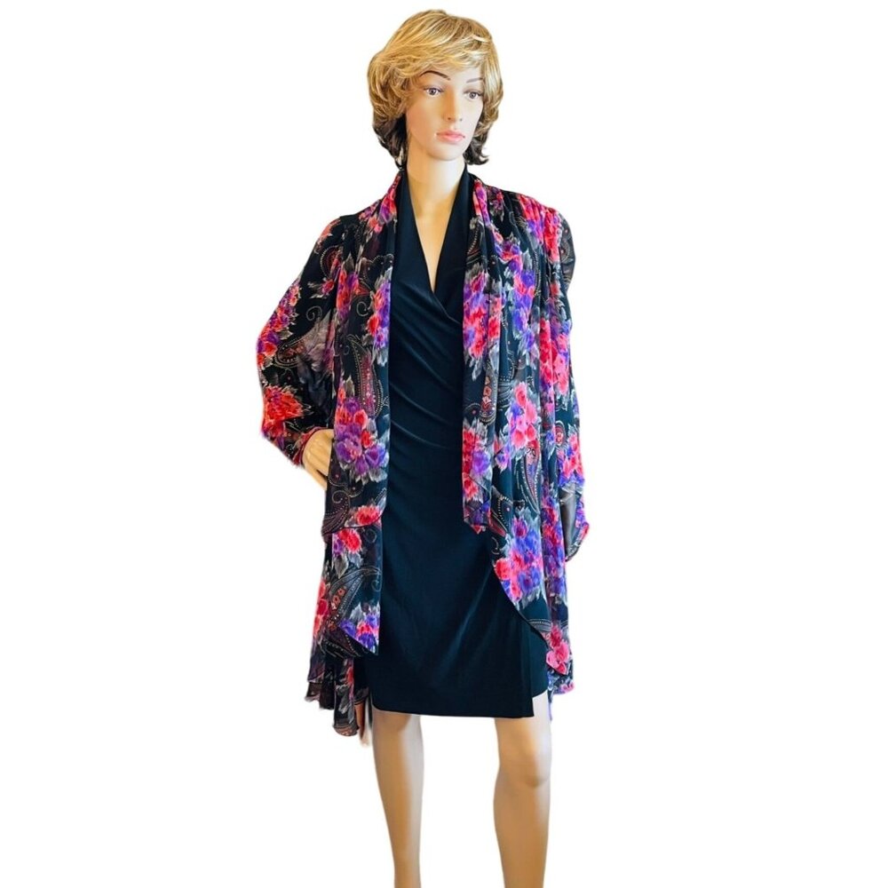 Floral Sheer Long-Sleeve Kimono Open Cardigan Size L Womens by Siasia New York